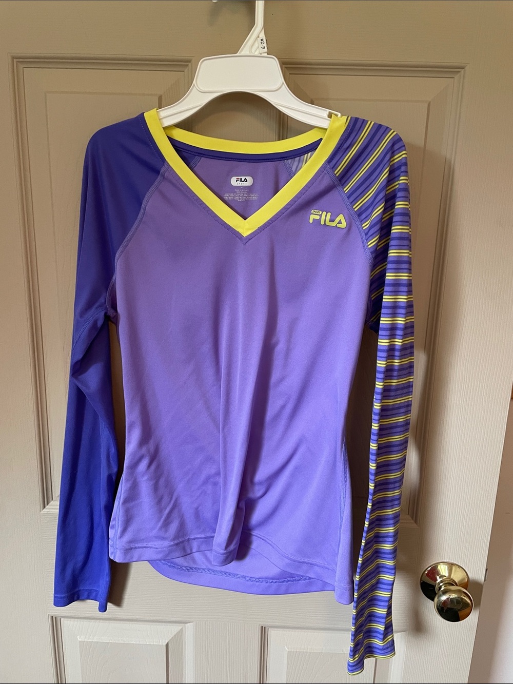 FILA Purple Long Sleeve V-Neck Top with Yellow Accents